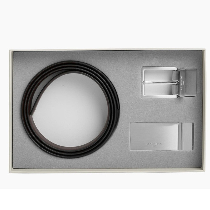 Le Tanneur Reversible Men's Leather Belt Gift Box 2 Buckles Black B...