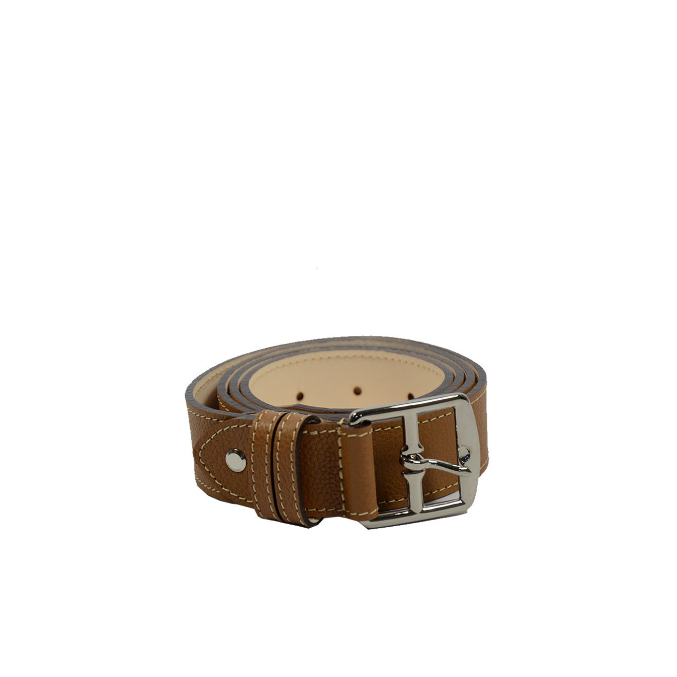 Berthille Stitched Leather Belt with Double Pass and Silver Buckle
