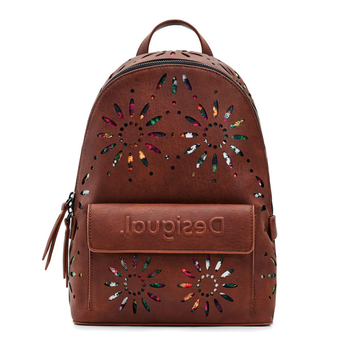 Desigual Brown Backpack with Brown Floral Appliqué Small backpack appliques flowers brown women main image 2