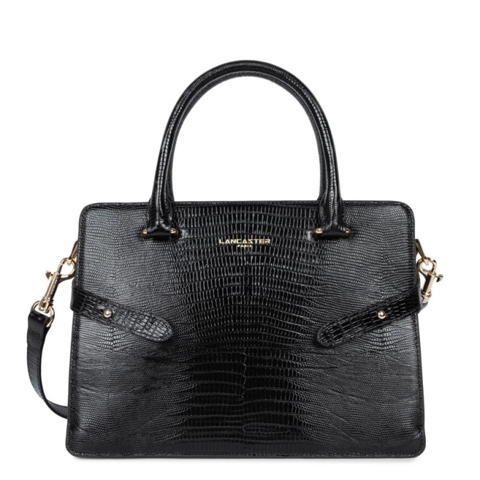 Sac à Main Lancaster Exo - Noir Croco - Grand Modèle 30x23x13 Cm - Porté Main Femme