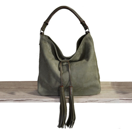 Berthille Hermine Hobo Shopping Bag Leather Khaki