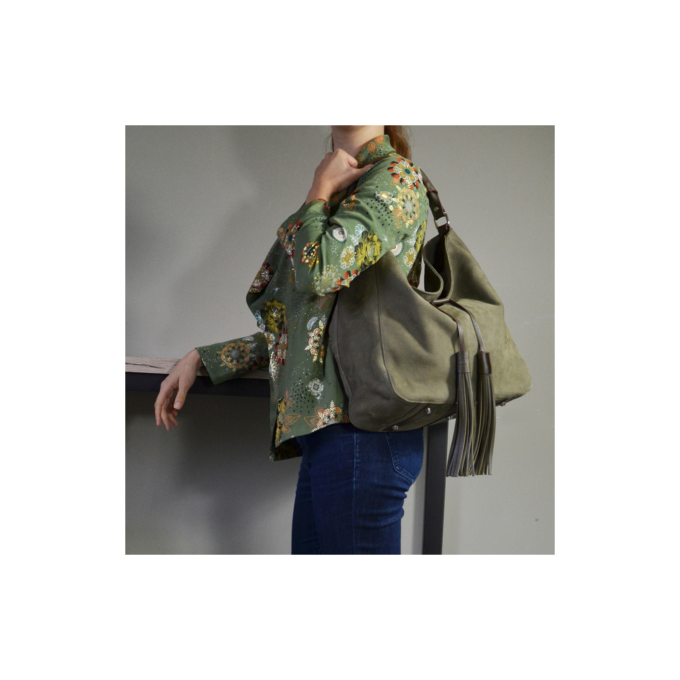 Berthille Hermine Hobo Shopping Bag Leather Khaki