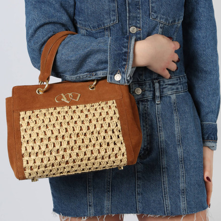 Sac à Main Vintage Années 70 En Raphia Et Rabane, Bordures Cuir Doré - Italie - Luigi Sciorio - Occasion Parfait état