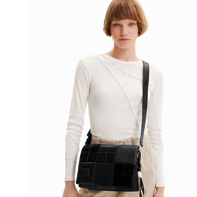 Sac à Main Bandoulière Desigual Occasion - Noir PVC - Style Rectangle Pratique - Fermeture Zip