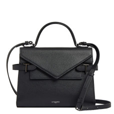 Le Tanneur Emilie Double Flap Handbag in Black Grained Leather