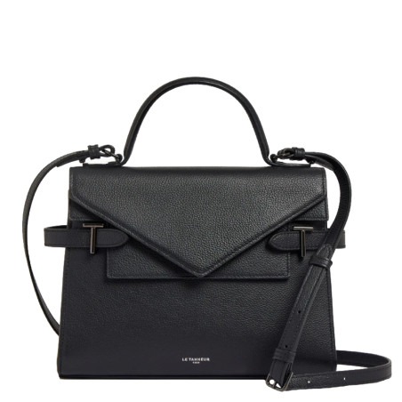Le Tanneur Emilie Double Flap Handbag in Black Grained Leather