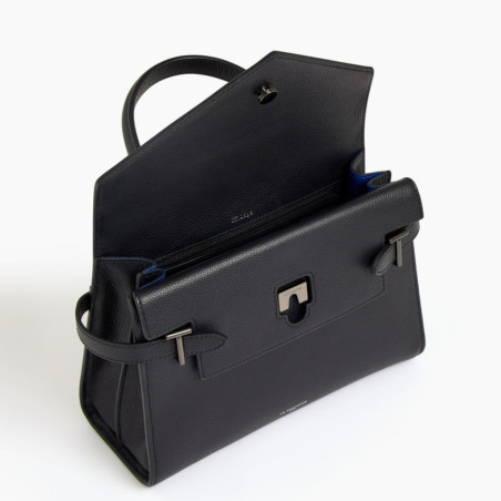 Le Tanneur Emilie Double Flap Handbag in Black Grained Leather