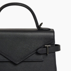 Le Tanneur Emilie Double Flap Handbag in Black Grained Leather