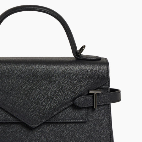 Le Tanneur Emilie Double Flap Handbag in Black Grained Leather