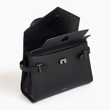 Le Tanneur Emilie Double Flap Handbag in Black Grained Leather