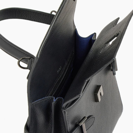 Le Tanneur Emilie Double Flap Handbag in Black Grained Leather
