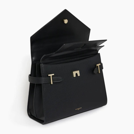 Le Tanneur Emilie Medium Double Flap Leather Black Handbag