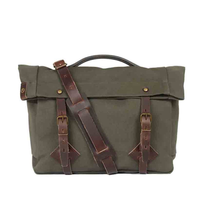 Navy Blue Musette Bag Leather and Canvas Gaston Khaki bm