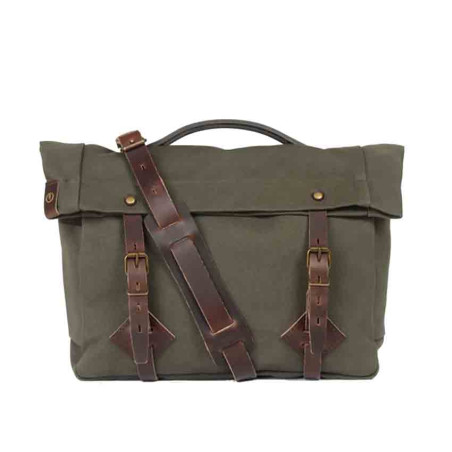 Navy Blue Musette Bag Leather and Canvas Gaston Khaki bm
