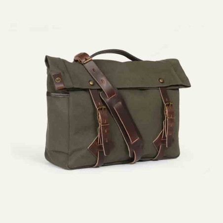 Navy Blue Musette Bag Leather and Canvas Gaston Khaki bm