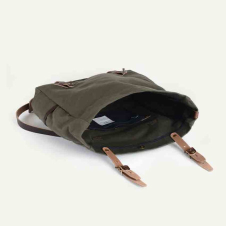 Navy Blue Musette Bag Leather and Canvas Gaston Khaki bm
