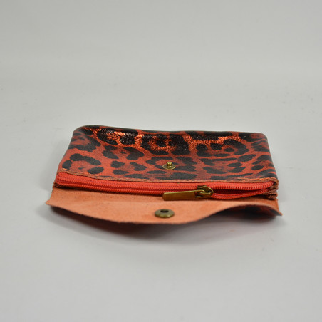 Farfouillette Porte-monnaie Cuir GM Orange Léopard ouvert