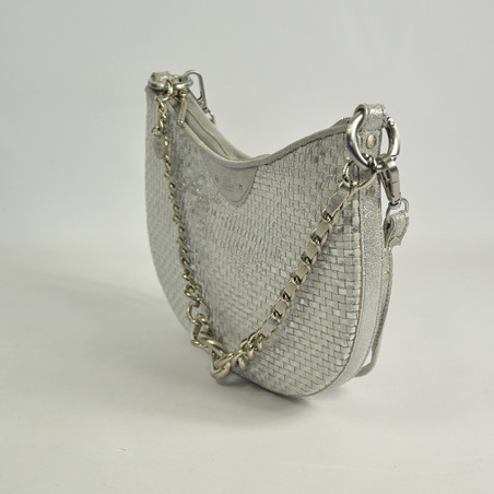 Mila Louise Nelia W Half-Moon Woven Leather Shoulder Bag Silver