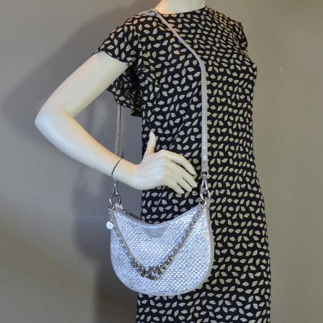 Mila Louise Nelia W Half-Moon Woven Leather Shoulder Bag Silver