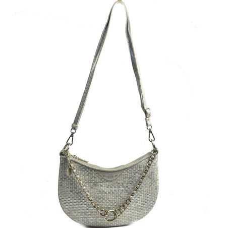 Mila Louise Nelia W Half-Moon Woven Leather Shoulder Bag Silver