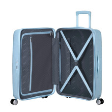 American Tourister Sound Box Spinner 77 cm Valise Cabine Trolley 4 Roues Pastel Blue ouvert