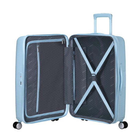 American Tourister Sound Box Spinner 77 cm Valise Cabine Trolley 4 Roues Pastel Blue ouvert