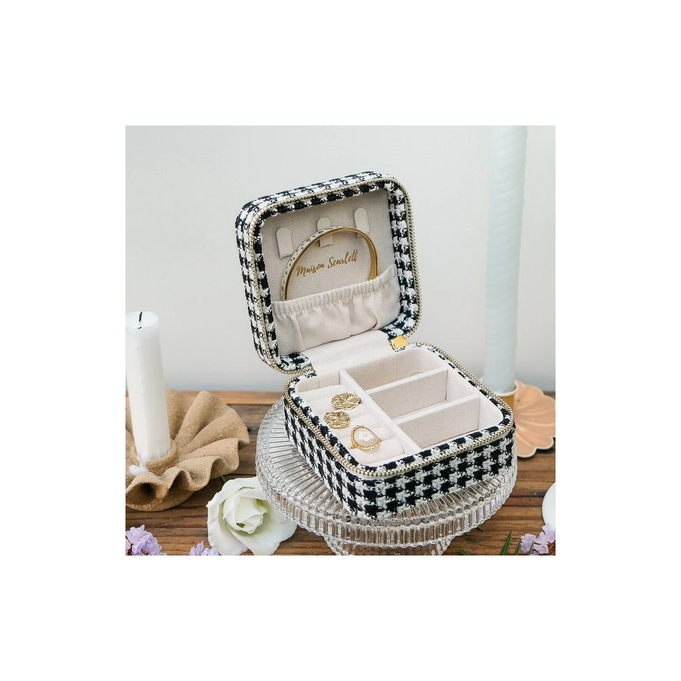 Maison Scarlett Corinne Boîte A Bijoux De Voyage Pied De Poule Noir