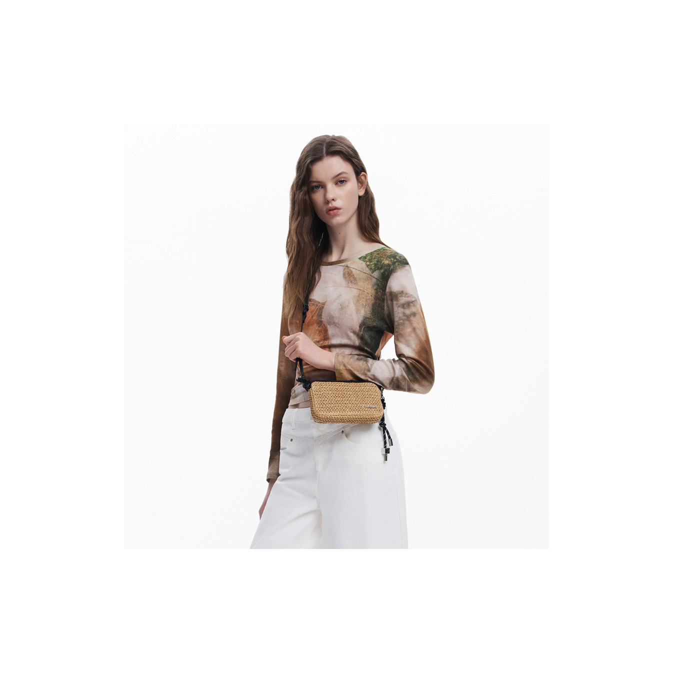 Desigual Half Logo Organized Raffia Pouch Natural