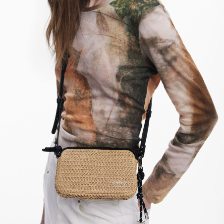 Desigual Half Logo Organized Raffia Pouch Natural