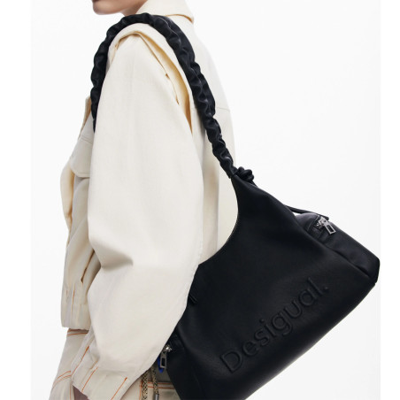 Desigual Half Logo Shoulder Bag Fringed Straps Black