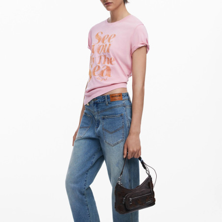 Desigual Stencil Flower Small Shoulder Bag Chocolate