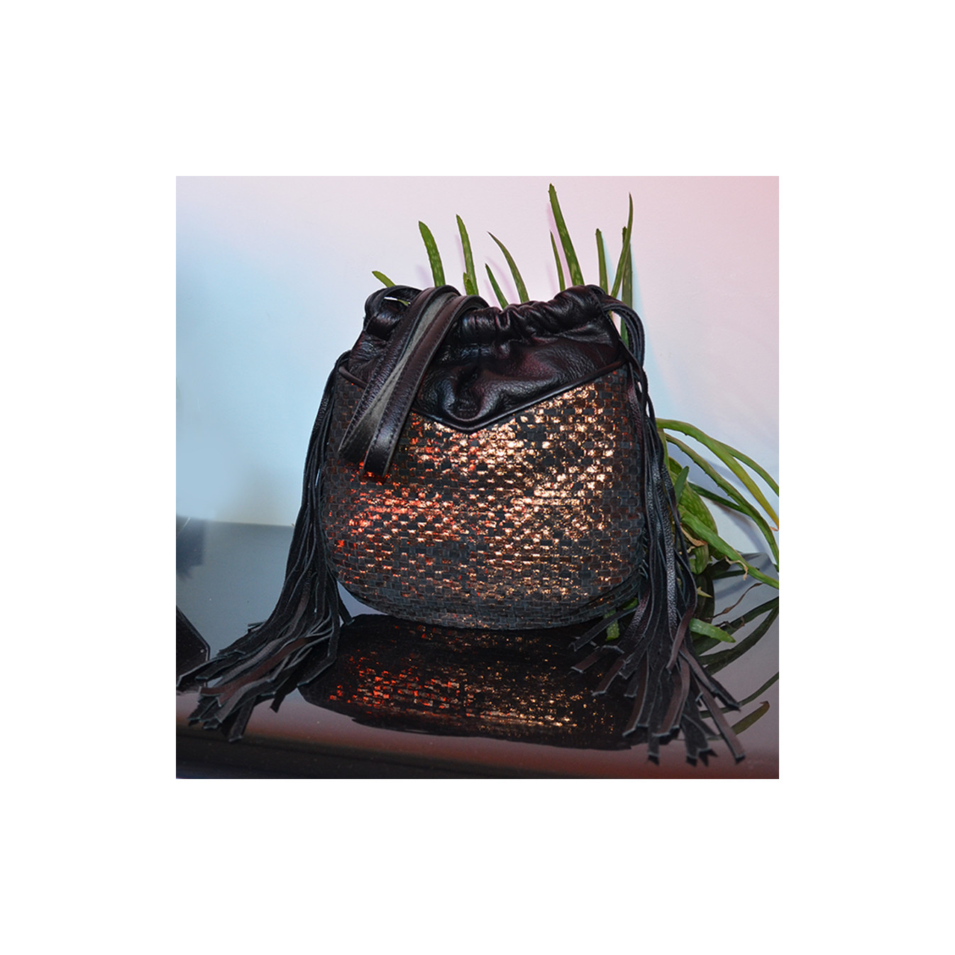 Mila Louise Nora W Sac Bourse Cuir Tressé Noir Bronze