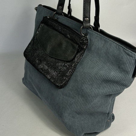 Velour Shopping Bag with Pouch in Grey Velour