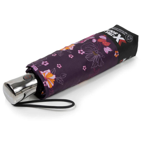 Isotoner Parapluie Pliant X-TRA Solide Auto Fleurs Aubergine fermé