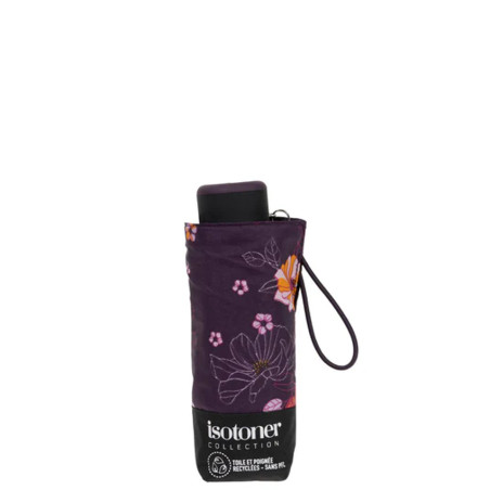 Isotoner Compact Mini Slim Manual Umbrella Eggplant Flowers