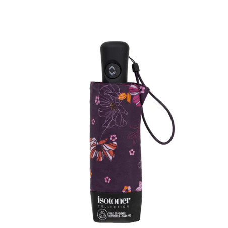 Isotoner Parapluie Mini Pliant Automatique Fleurs Aubergine fermé