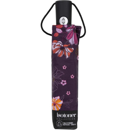 Isotoner Automatic Folding Umbrella Eggplant Flowers