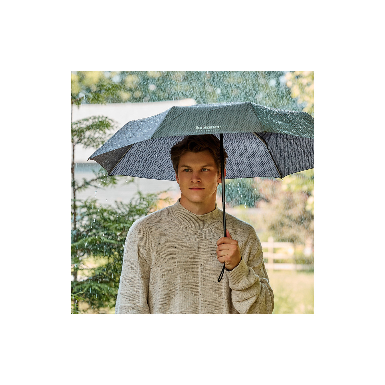 Isotoner Men's Folding Automatic X-TRA Solid Monogram Umbrella