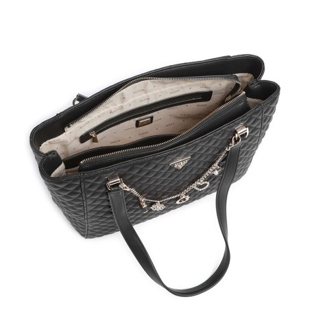 Guess Everlee Sac Shopping Matelassé Et Charms Black ouvert