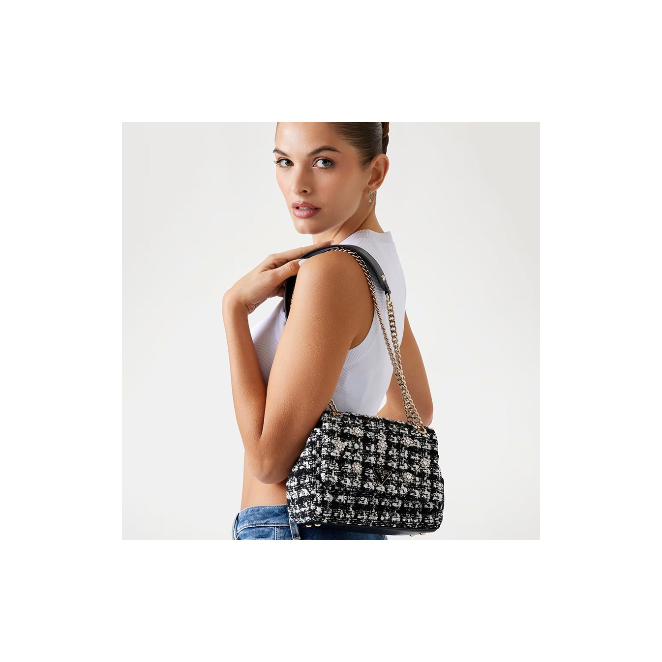 Guess Everlee Mini Shoulder Bag Tweed Black Multi