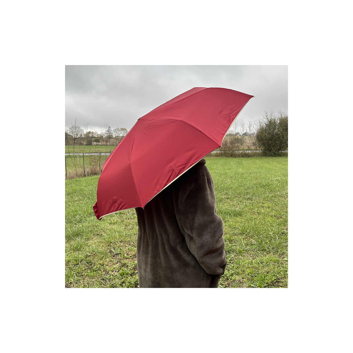 Piganiol x Noix D'arec Parapluie Pliant Pour Femme Bordeaux / Biais Or