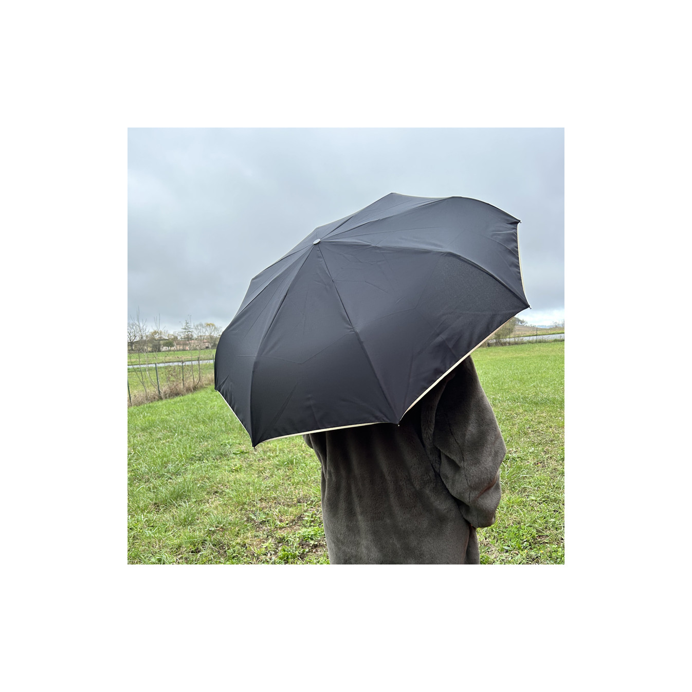 Piganiol x Noix D'arec Parapluie Pliant Pour Femme Noir / Biais Or