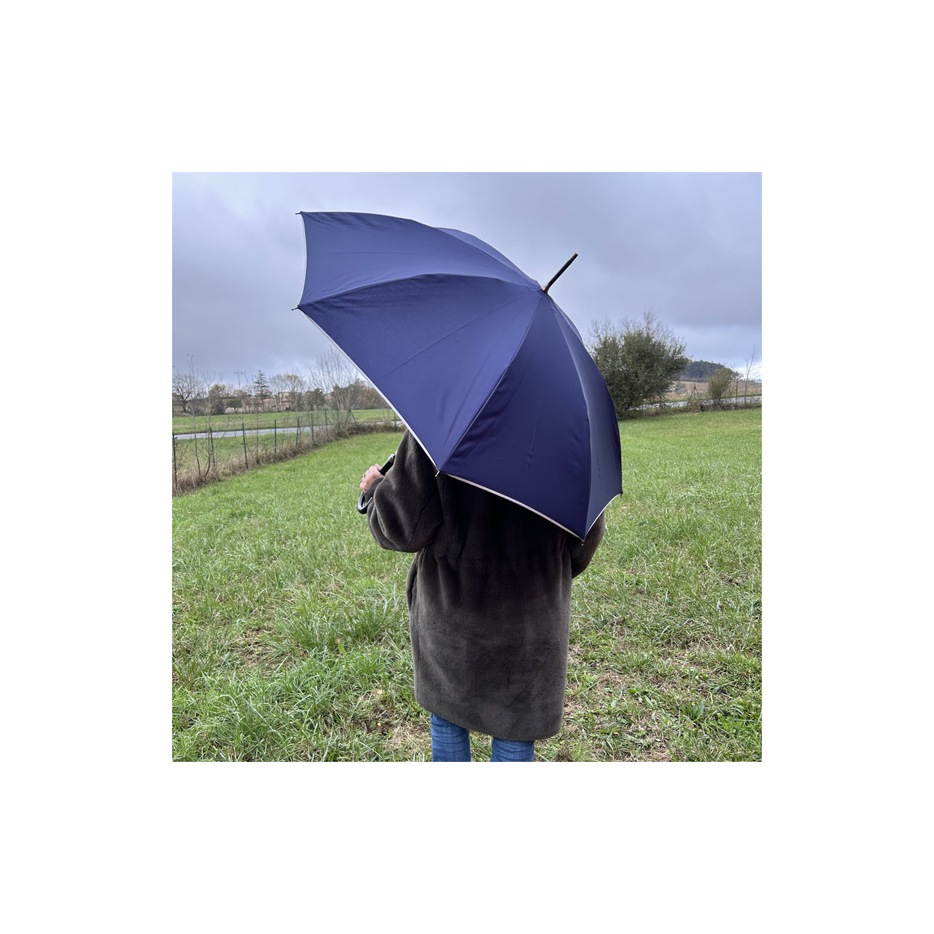 Piganiol x Noix D'arec Parapluie Canne Pour Femme Marine / Biais Argenté