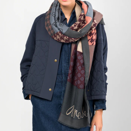 Anekke Scarf with Printed Patchworks Grey