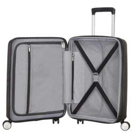 American Tourister Sound Box Spinner 55 cm Valise Cabine Trolley 4 Roues Noir ouvert