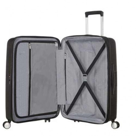 American Tourister Sound Box Spinner 67 cm Valise Trolley 4 Roues Black Bass ouvert