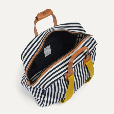 Bleu de Chauffe Sac de Voyage Cabine Aviateur Missak Cuir Et Toile Rayures D Eté ouvert