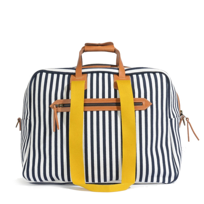 Bleu de Chauffe Sac de Voyage Cabine Aviateur Missak Cuir Et Toile Rayures D Eté