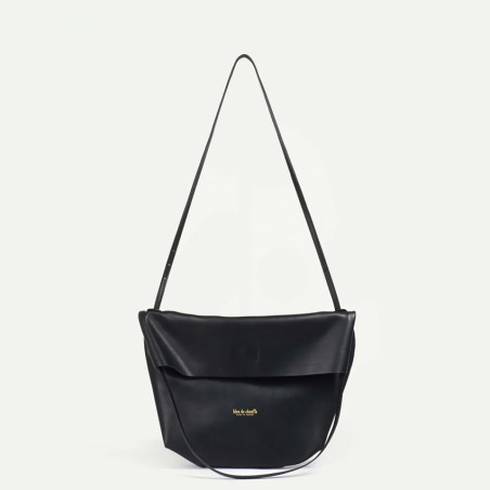 Bleu de Chauffe Sac Double Porté Mission Cuir Lisse Noir porté travers