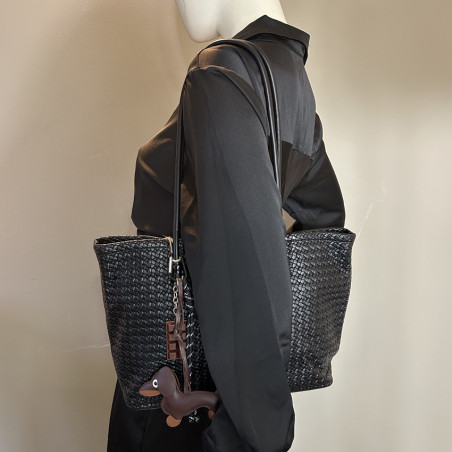 Farfouillette Woven Shopping Bag with Removable Keychain Black